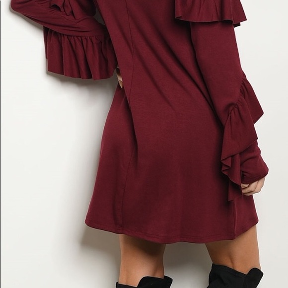 WINE RUFFLE LONG SLEEVE DESIGN DRESS - Picture 5 of 8